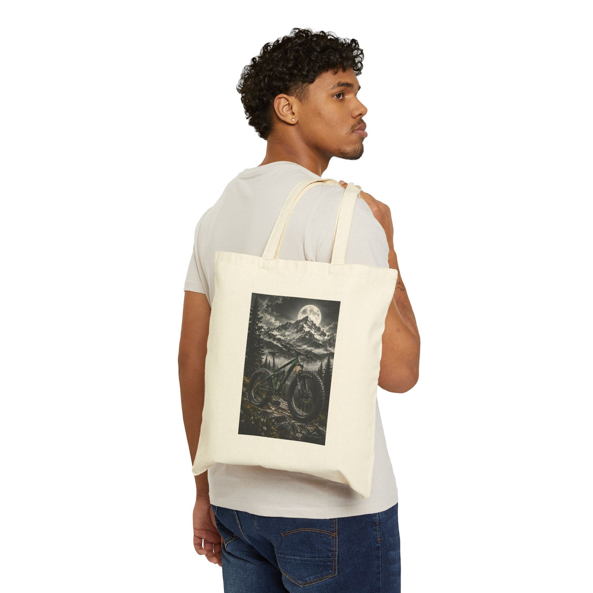 Mountain Bike Tote Bag — Moonlit Trail Canvas Tote - Black 15" x 16" | KJ Global