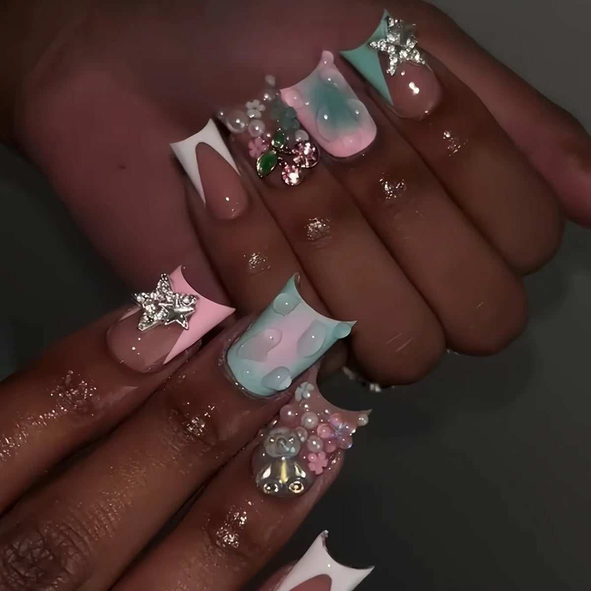 Press-On Nails – 24pcs Multi-Style Collection | DIY Salon Nails - Black Rhinestone | KJ Global