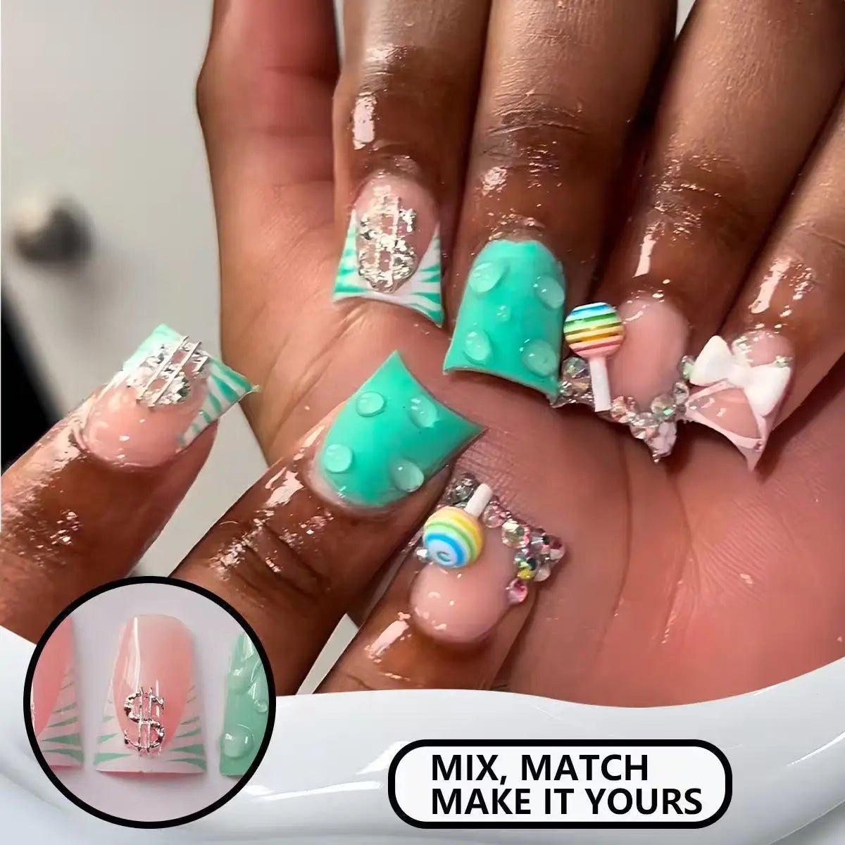 Press-On Nails – 24pcs Multi-Style Collection | DIY Salon Nails - Mint Floral | KJ Global
