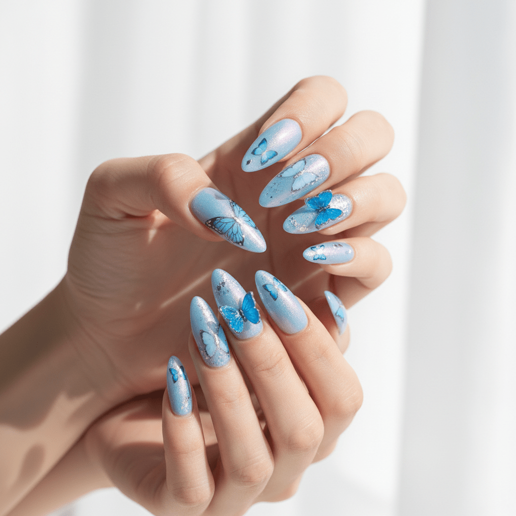 24pcs Press-On Nails – Nude Pink 3D Design | DIY Salon Nails - blue butterfly | KJ Global
