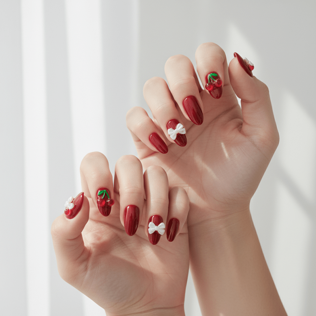 24pcs Press-On Nails – Nude Pink 3D Design | DIY Salon Nails - cherry red | KJ Global